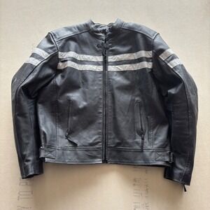 Vintage Leather Biker Jacket Racing Stripes Black XL
